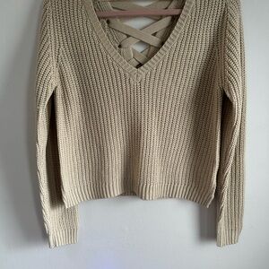 Lovecrazy Women's Cream Sweater with V-Neck with Adorable Lace Back